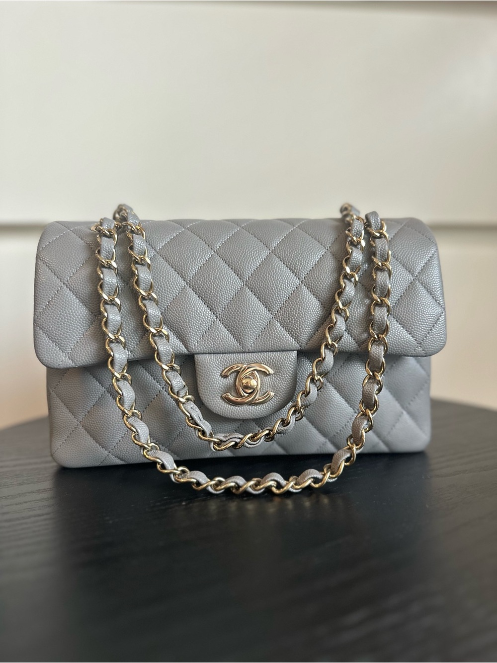 CHANEL Small Classic Flap Bag in Light Gray Caviar Leather with Gold Hardware